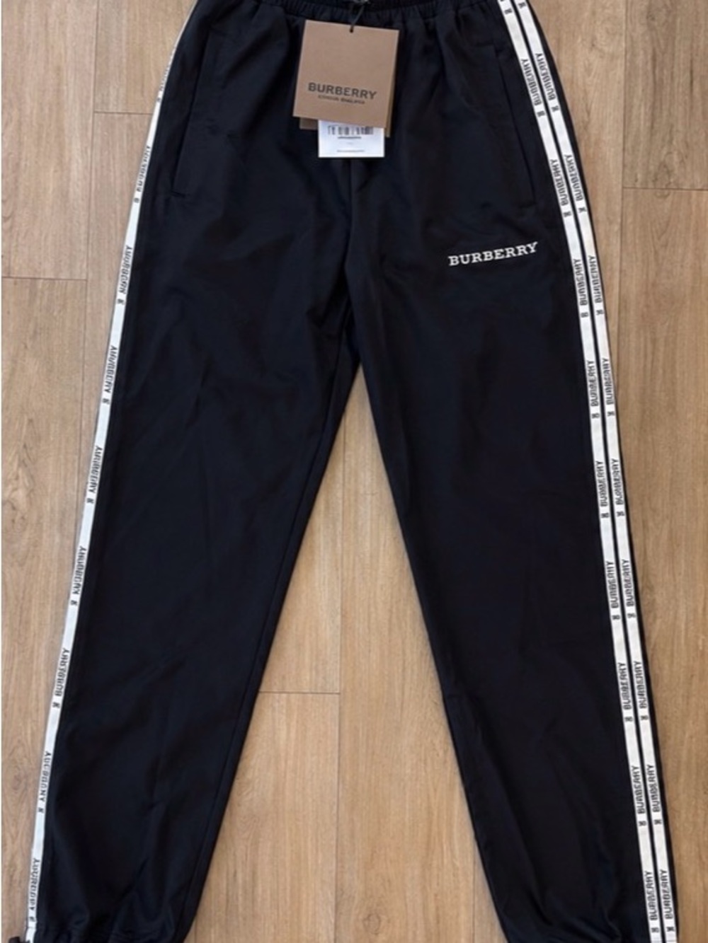 Burberry Black Track Pants with White Branded Side Tape